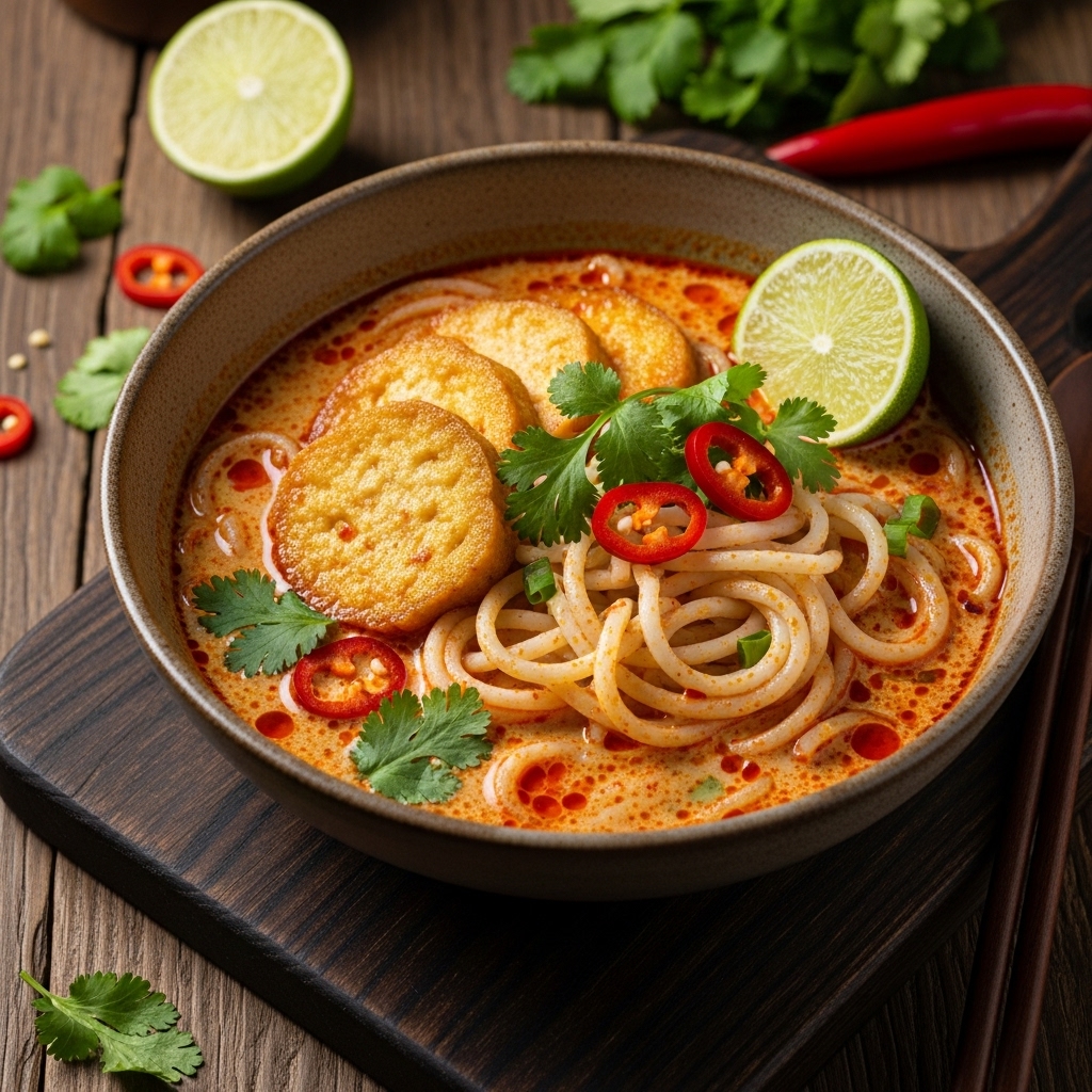 Exquisite Vegan Malaysian Laksa Soup with Tofu and Coconut Noodles