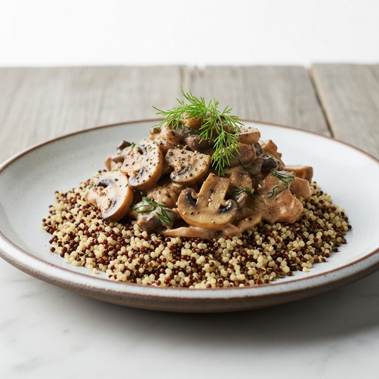 Exquisite Vegan Mushroom Stroganoff Over Truffled Quinoa Pearls