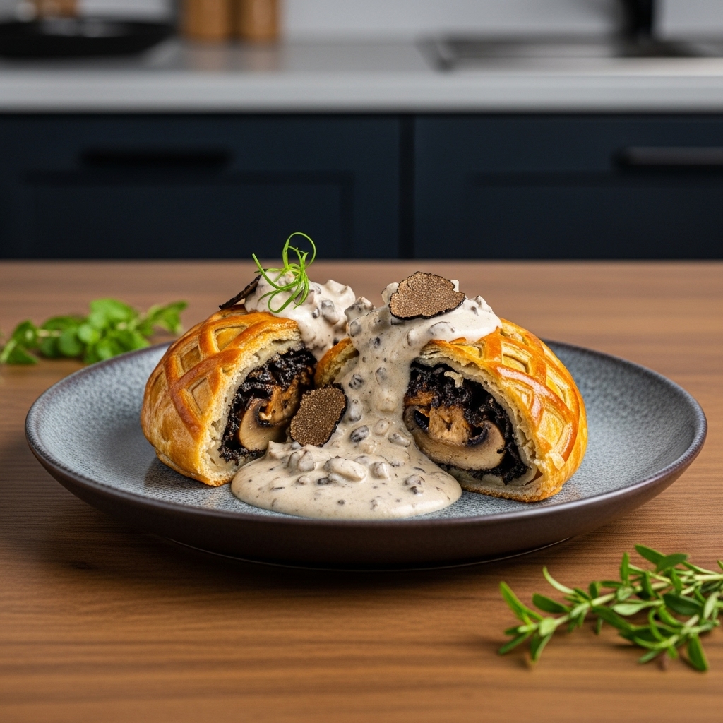 “Exquisite Vegan Mushroom Wellington with Creamy Truffle Gravy – A Symphony of Flavors and Textures”