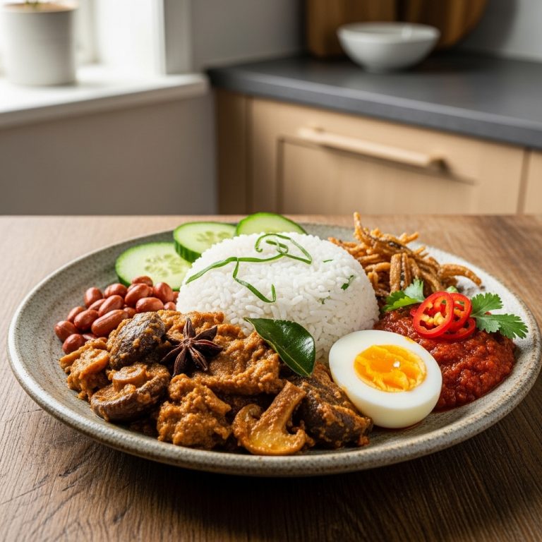 “Exquisite Vegan Nasi Lemak with Mushroom Rendang and Coconut Rice”