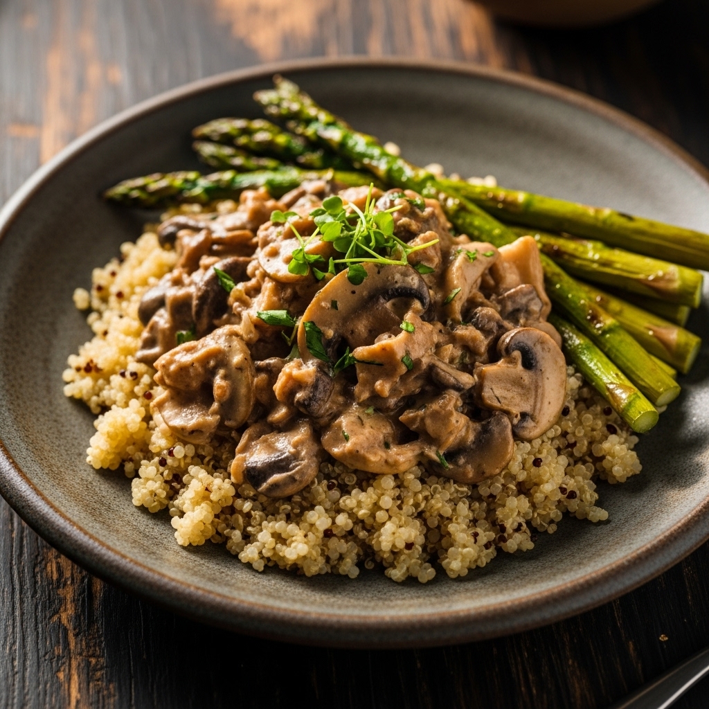 Exquisite Vegan New Zealand Lunch: Mushroom Stroganoff Over Quinoa with Roasted Asparagus