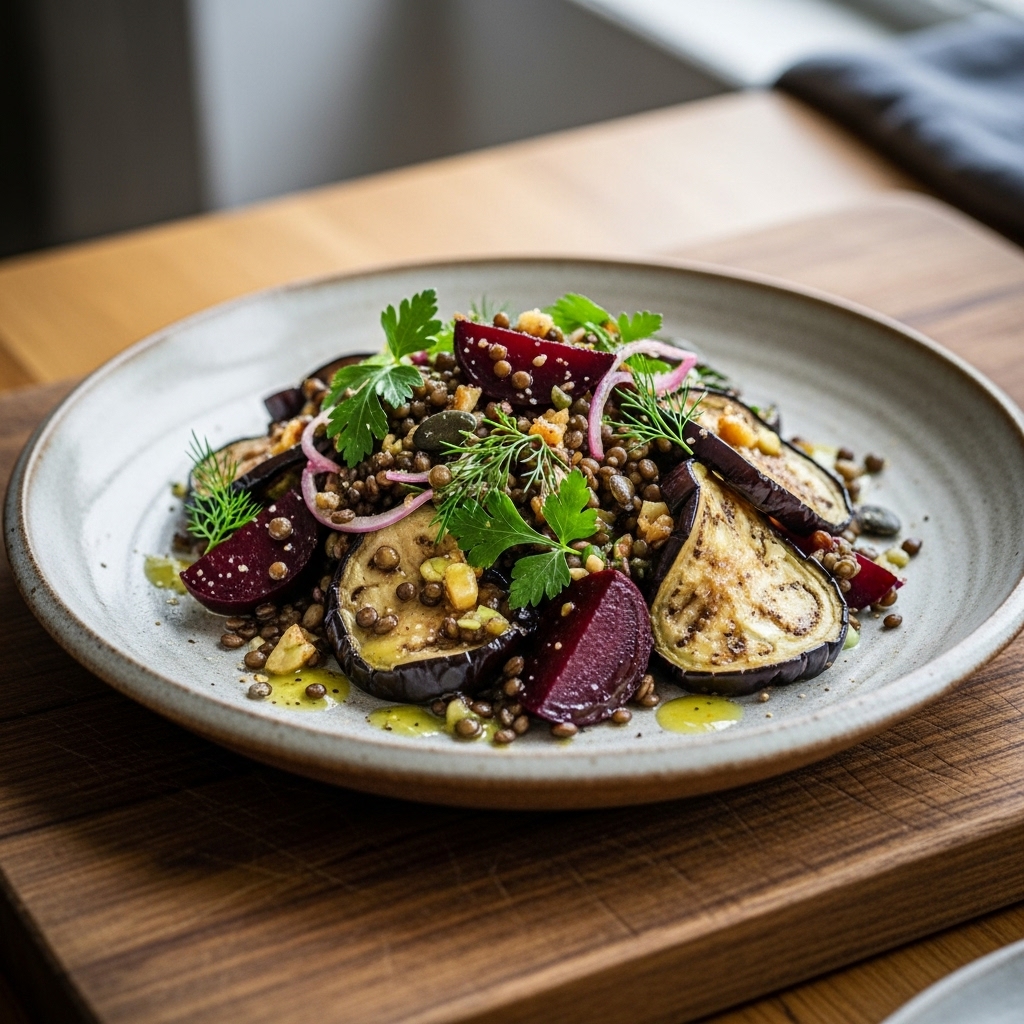 Exquisite Vegan New Zealand Smoked Eggplant Lentil Salad with Roasted Beetroot
