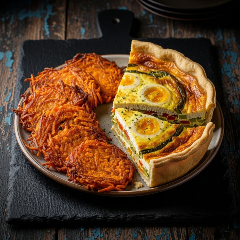 Exquisite Vegan Portuguese Breakfast: Tofu Eggs & Vegetable Quiche With Sweet Potato Hash Browns