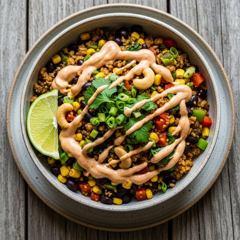 Exquisite Vegan Tex-Mex Snack: Zesty Cauliflower Rice Bowl with Chipotle Cashew Cream