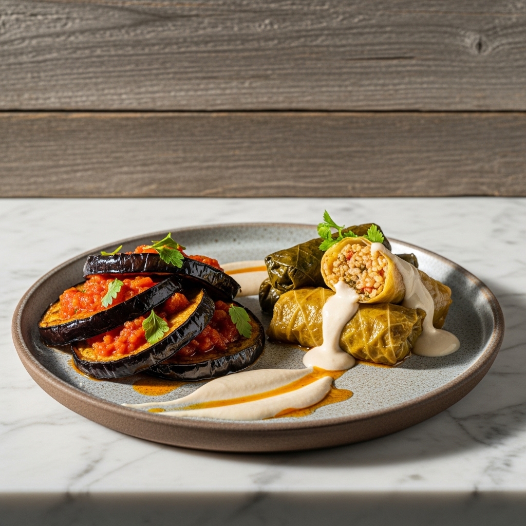Exquisite Vegan Turkish Dinner: Mouthwatering Eggplant Kizartmasi, Earthy Stuffed Cabbage Rolls, and Silky Tahini Sauce