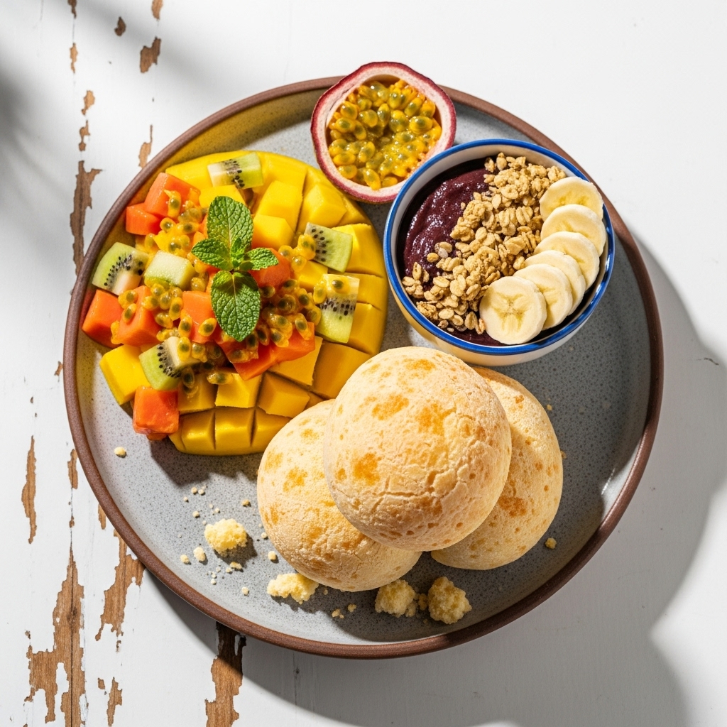 Exquisite Vegetarian Brazilian Breakfast: Aromatic Cheese Bread and Tropical Fruit Salad