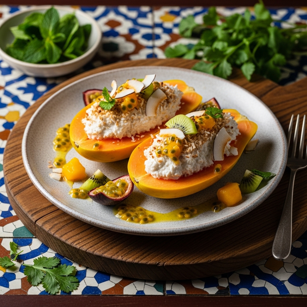 Exquisite Vegetarian Polynesian Delight: Coconut-Stuffed Papaya Boats