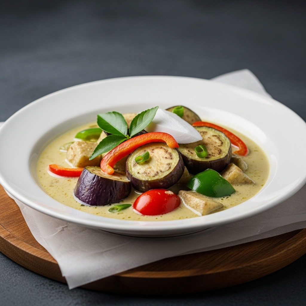 “Exquisite Vegetarian Thai Green Curry with Eggplant, Bell Pepper, and Coconut Milk (Jaew Geng Kaeng Khiaow) – Flavorful, Healthy, and Sensory-Enchanting”