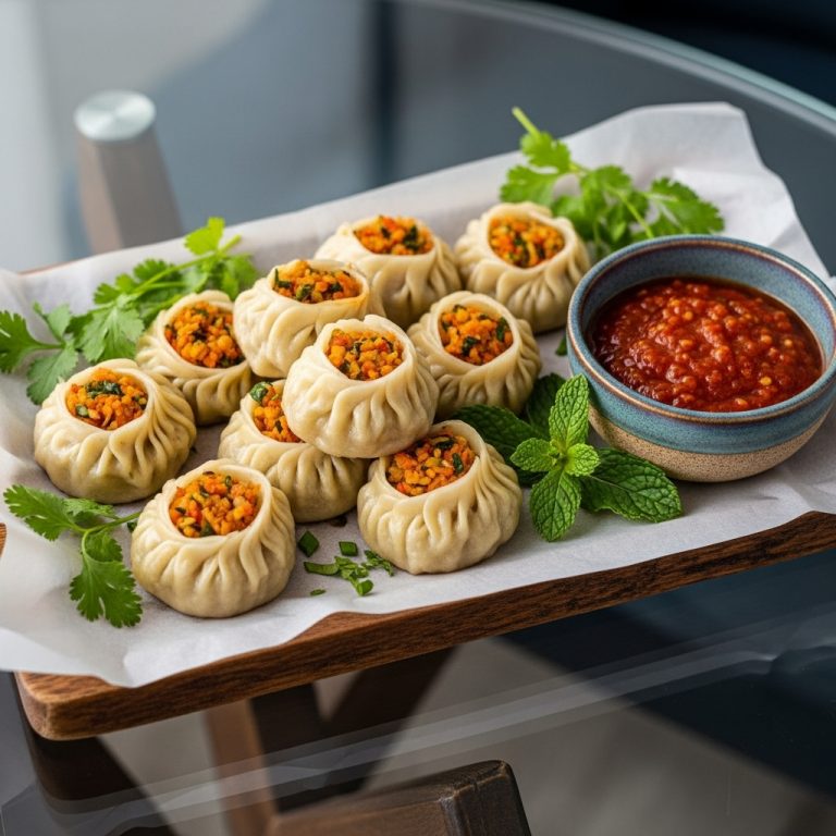 Exquisite Veggie Momo Platter with Garlic Chili Dipping Sauce