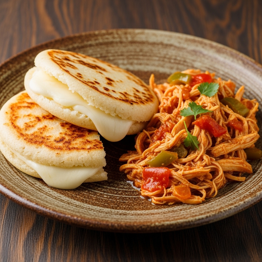 Exquisite Venezuelan Gluten-Free Lunch: Arepa de Queso & Chicken Guiso