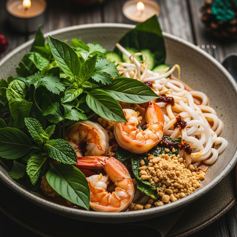 “Exquisite Vietnamese Brunch Feast: Mouthwatering Shrimp & Coconut Noodle Bowl with Fresh Herbs”
