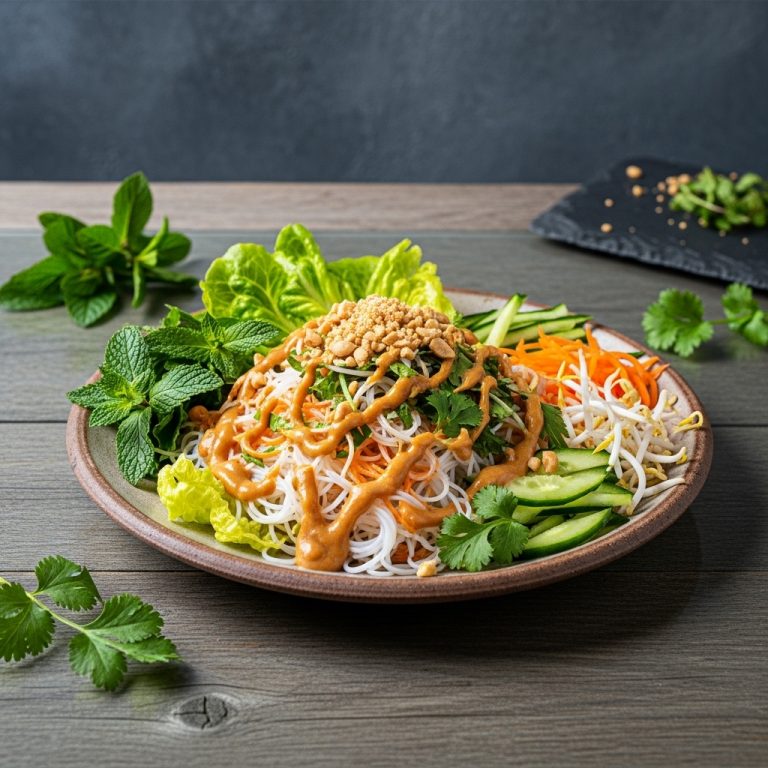 Exquisite Vietnamese Vegetarian Lunch: Mouthwatering Rice Noodle Salad with Peanut Dressing