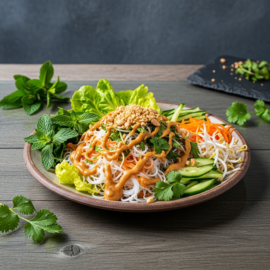 Exquisite Vietnamese Vegetarian Lunch: Mouthwatering Rice Noodle Salad with Peanut Dressing
