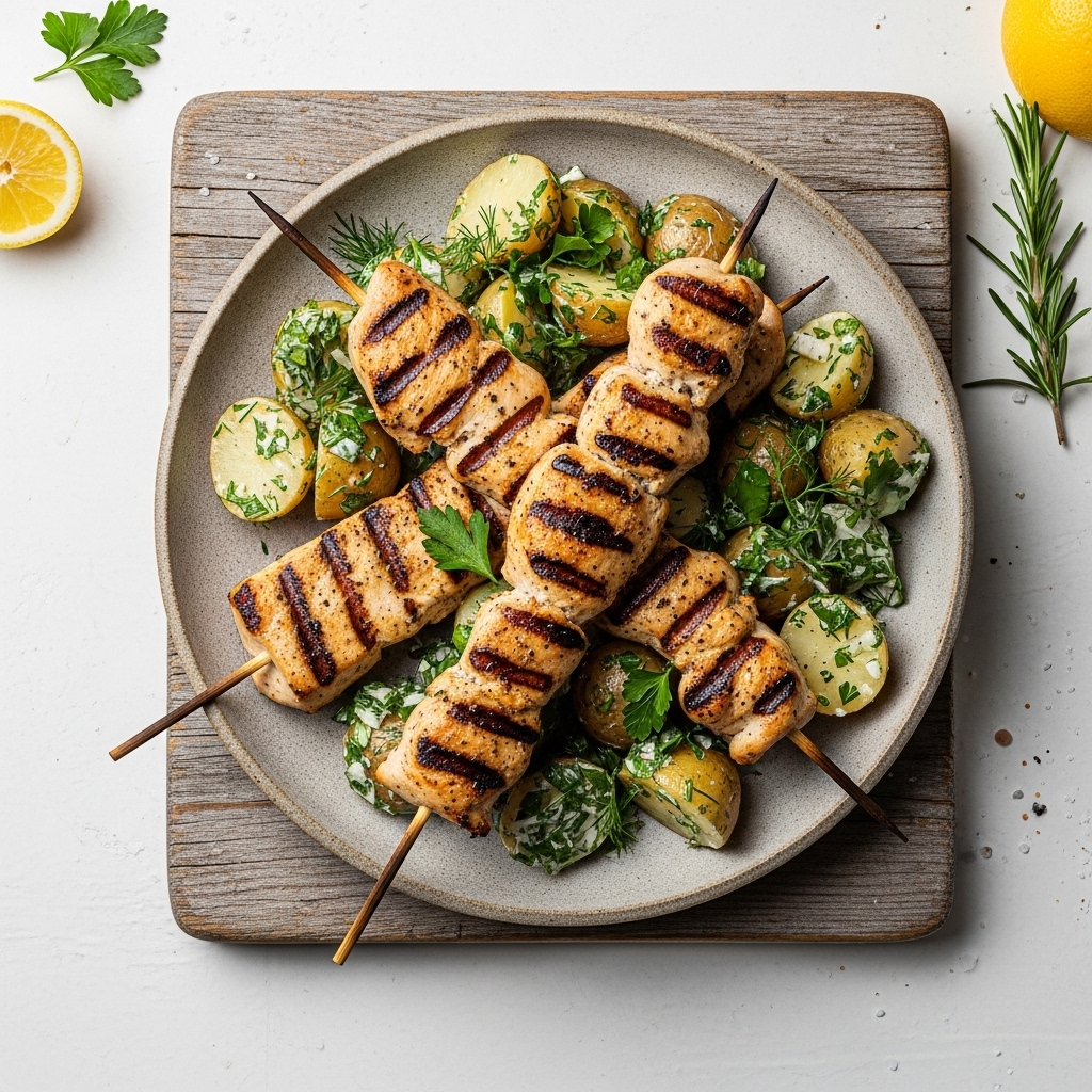 Festival Classic Dinner: Grilled Lemon Herb Chicken Skewers with Warm Potato Salad