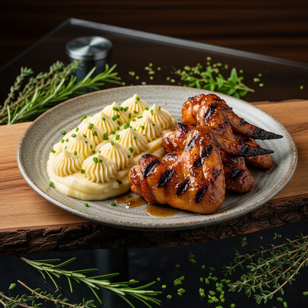 Festival Classic Dinner: Grilled Sticky Chicken Wings and Garlic Mashed Potatoes