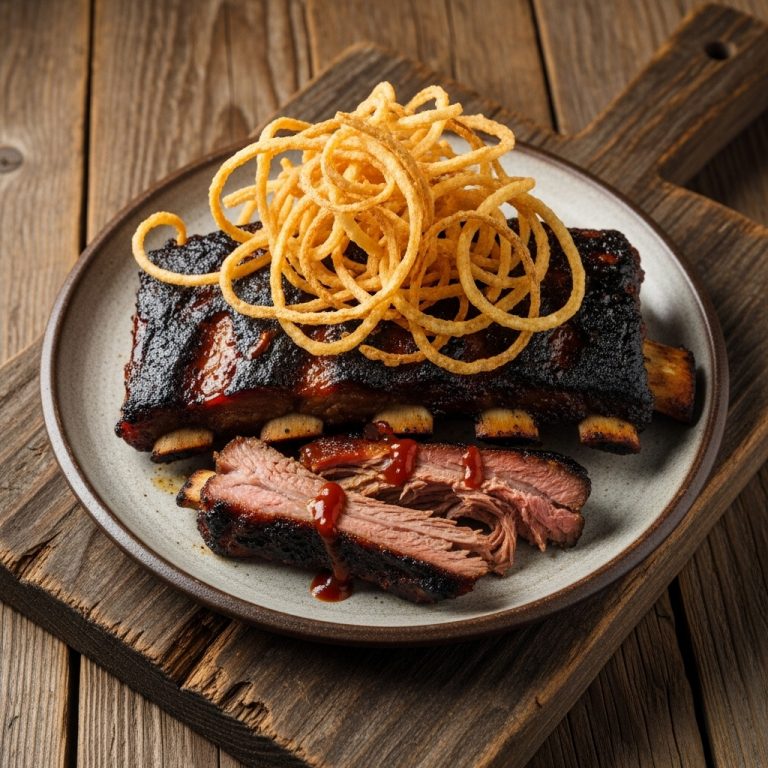 Festival Classic Dinner: Smoky Grilled BBQ Beef Ribs and Crispy Onion Straws