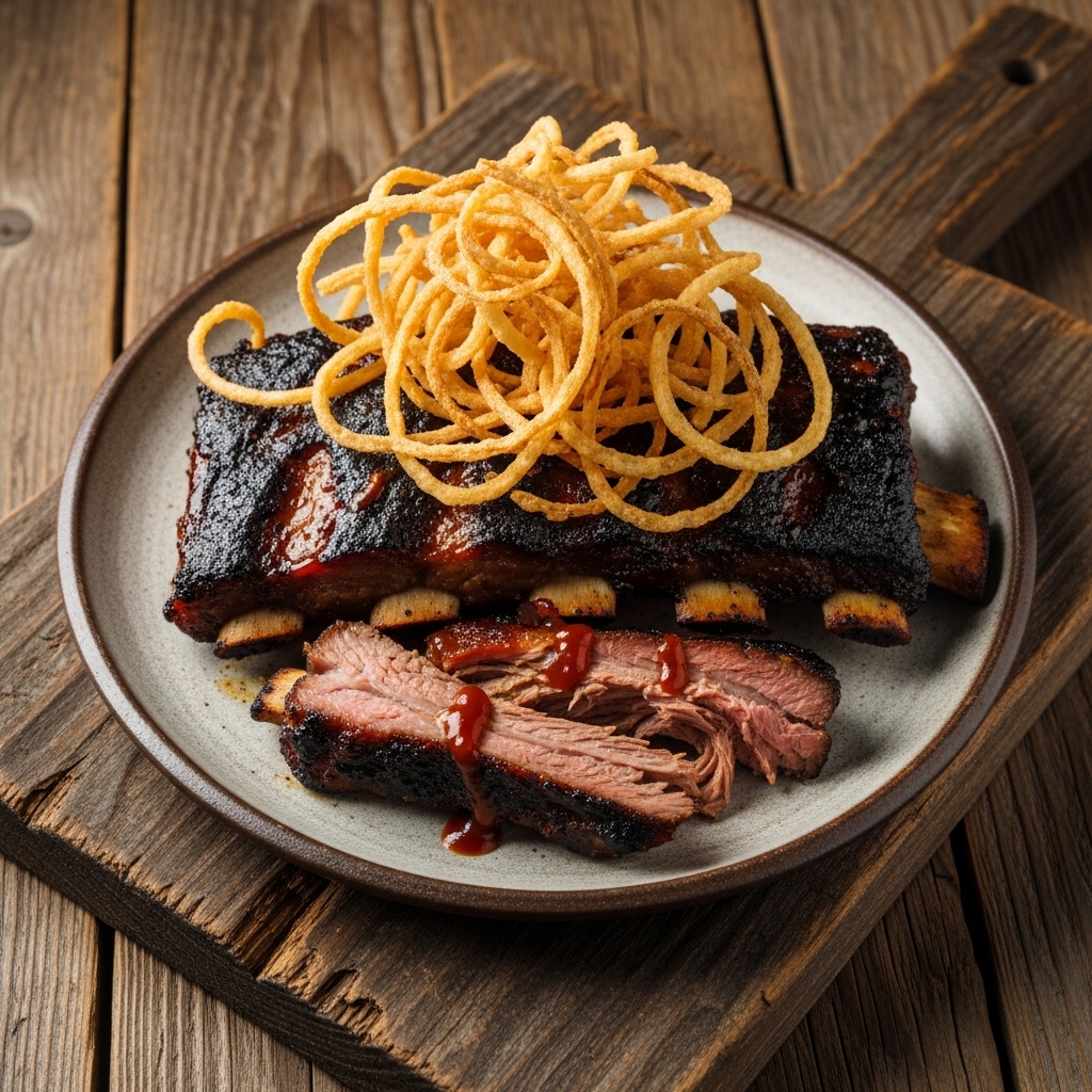 Festival Classic Dinner: Smoky Grilled BBQ Beef Ribs and Crispy Onion Straws