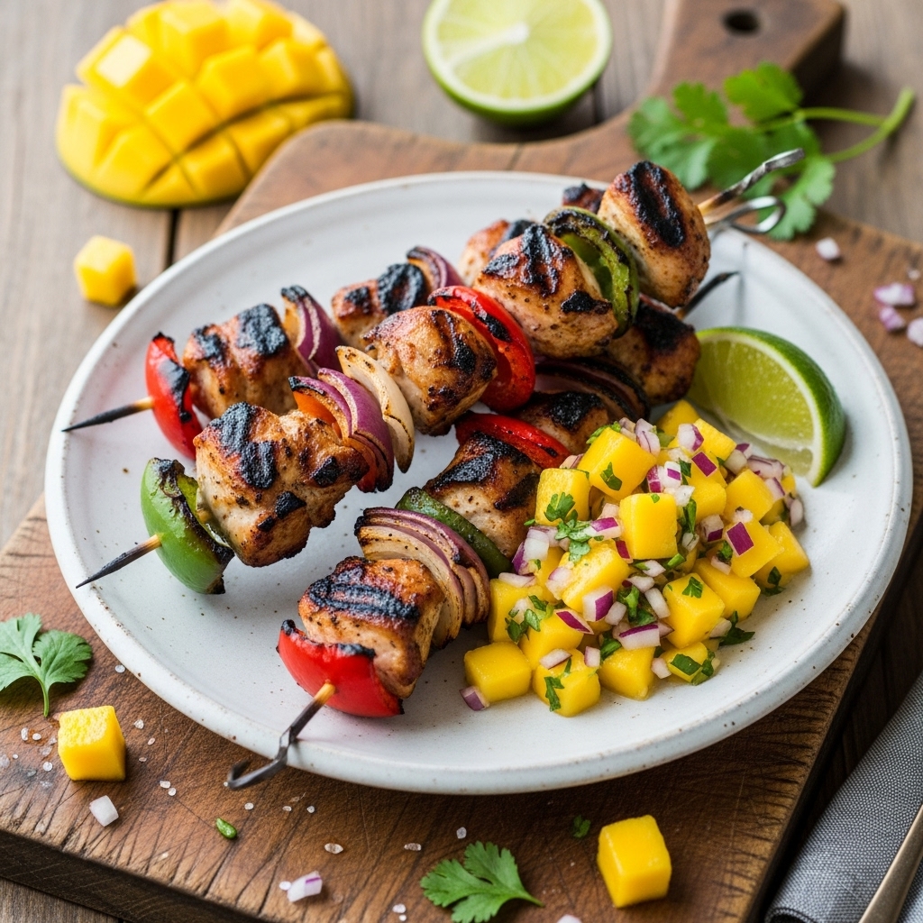 Festival Classic Lunch: Grilled Smoky BBQ Chicken Skewers with Mango Salsa