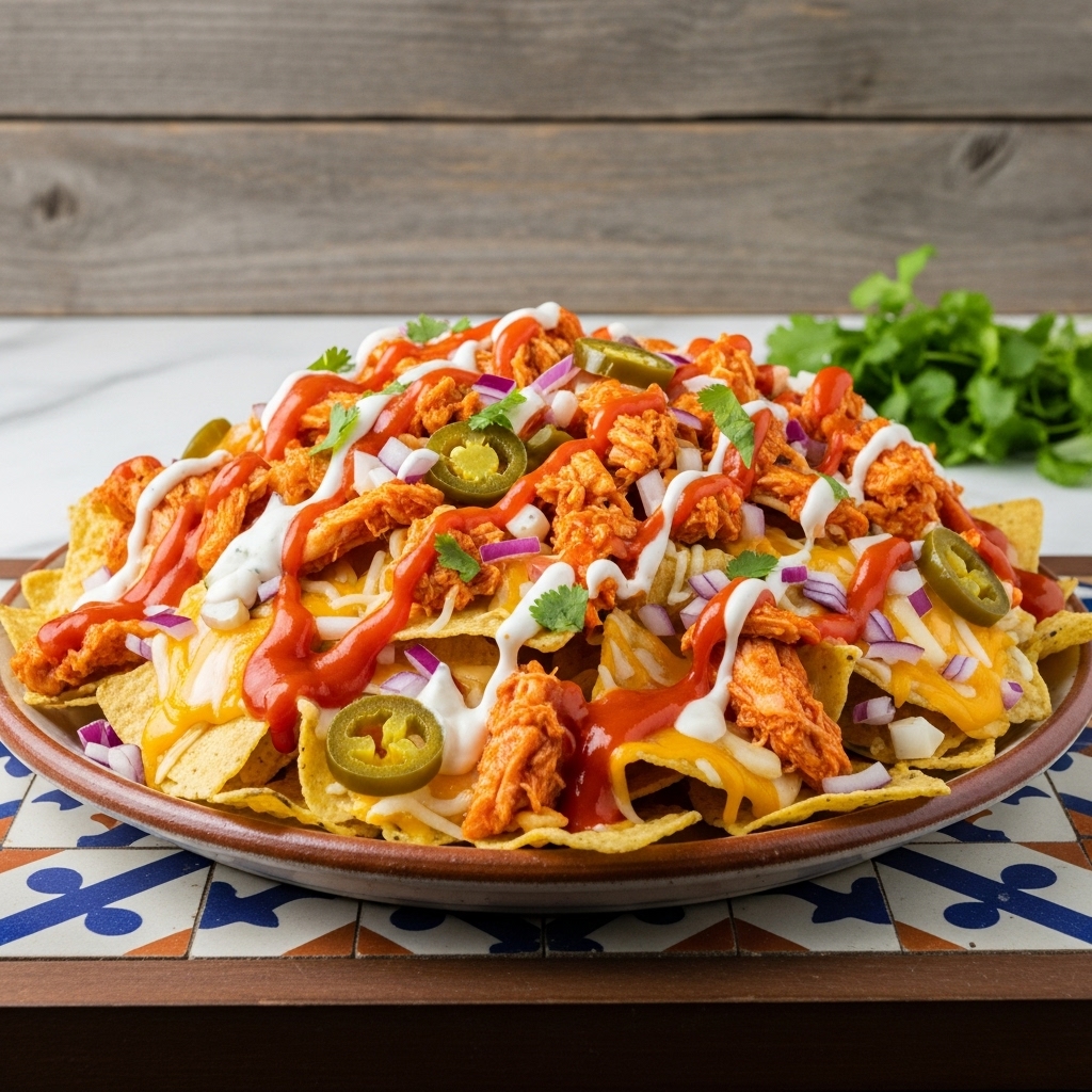 Fiery Buffalo Chicken Nachos Supreme