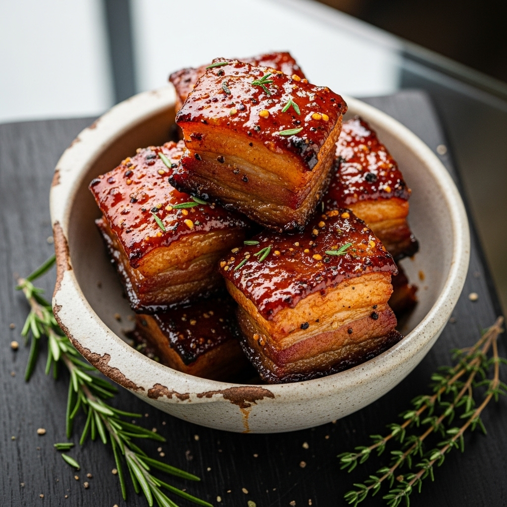Fiery Peach BBQ Pork Belly Bites