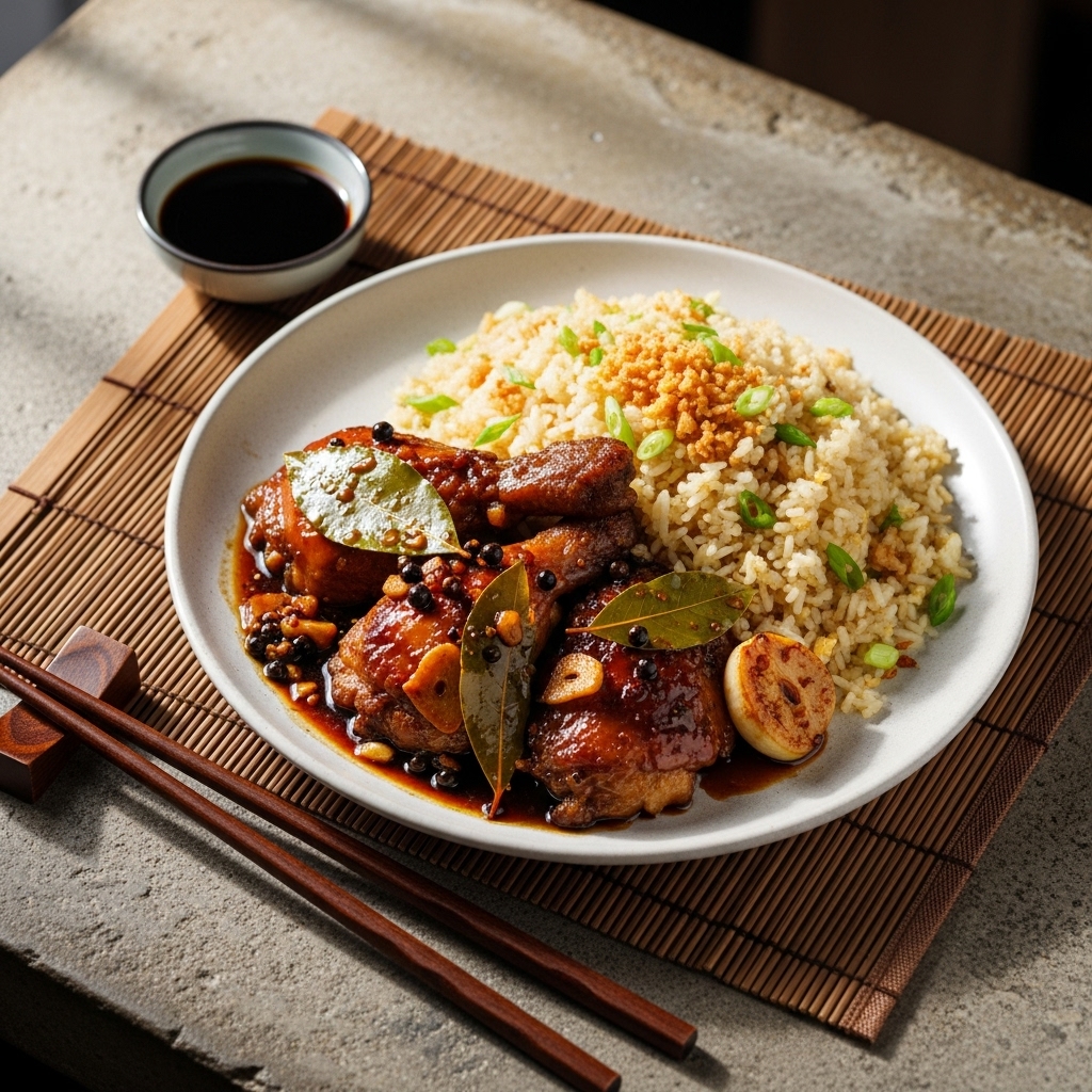 “Filipino Chicken Adobo with Garlic Fried Rice: A Flavorful and Sensory Experience”