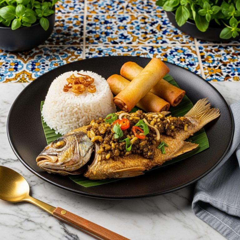 Filipino Gluten-Free Seafood Feast: Succulent Bagoong Fried Fish with Garlic Rice and Crispy Lumpia