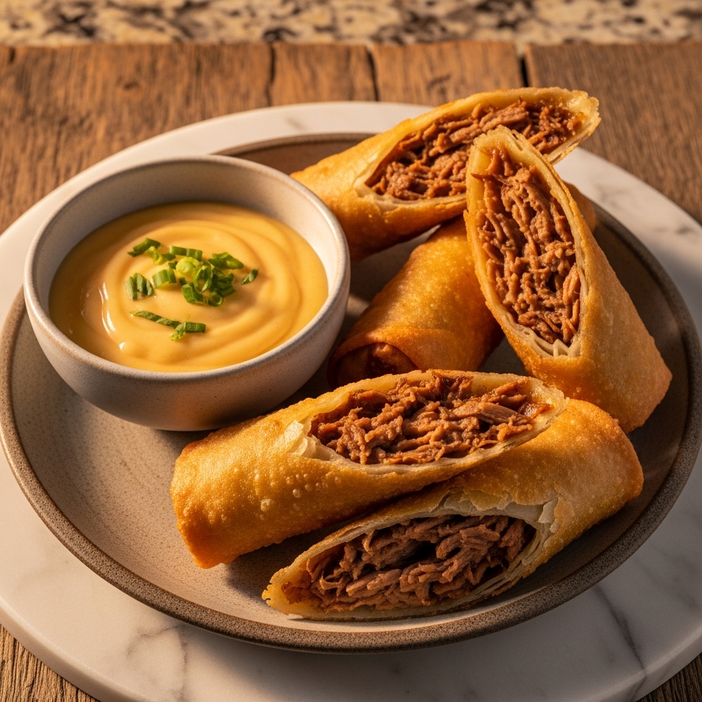 “Filipino Pork Adobo Spring Rolls with Creamy Mango Dipping Sauce”