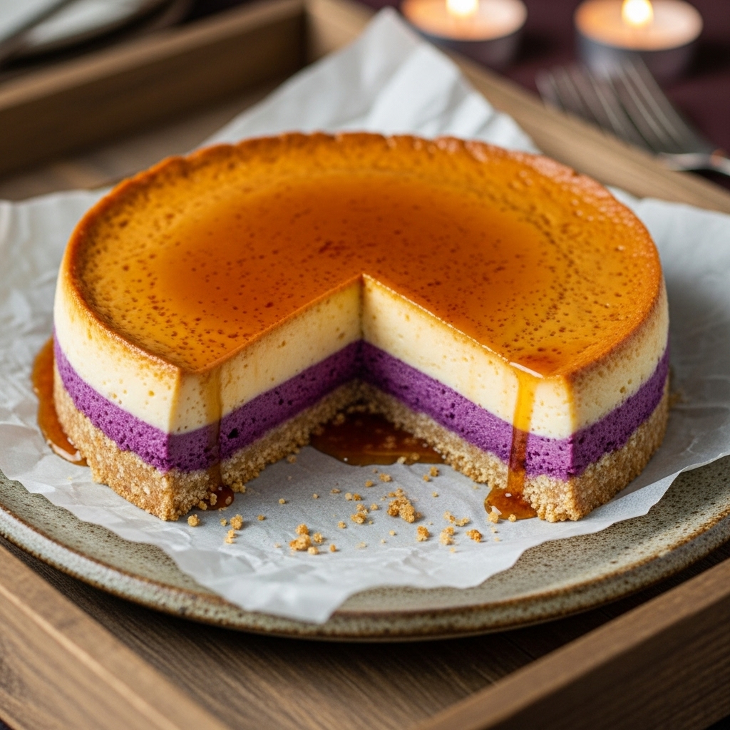 Filipino Ube and Coconut Leche Flan Torte with Gluten-Free Crust (Keto-Friendly)