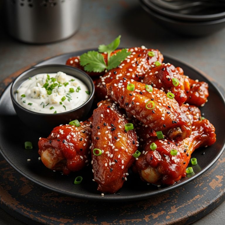 Firecracker BBQ Chicken Wings with Spicy Blue Cheese Dipping Sauce