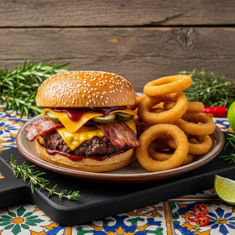 Firecracker BBQ Smokehouse Burger with Sweet Onion Rings