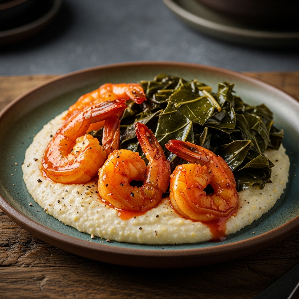Firecracker Shrimp & Creamy Grits with Smoky Collard Greens