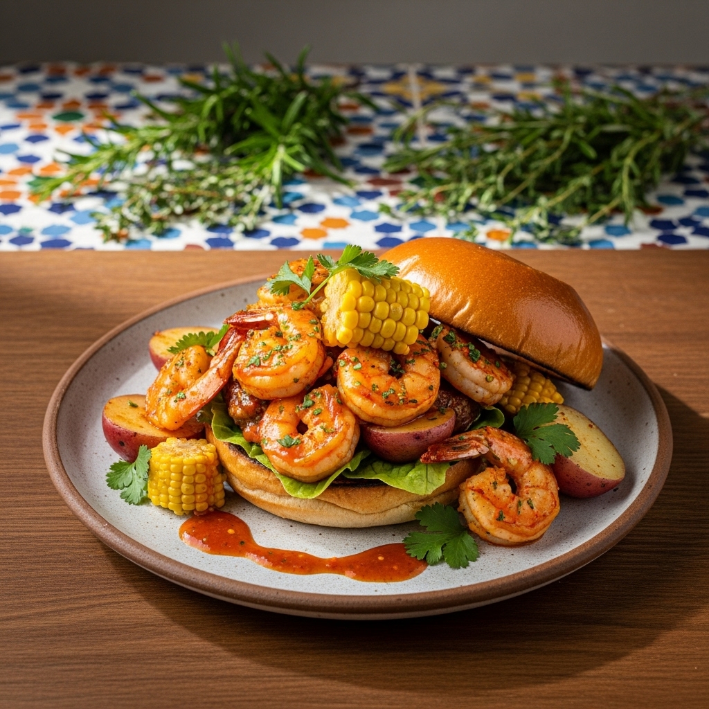 Firecracker Shrimp Boil Burger