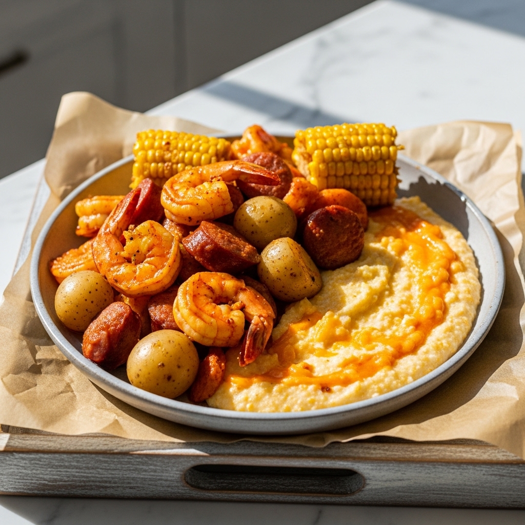 Firecracker Shrimp Boil with Smoky Cheddar Grits