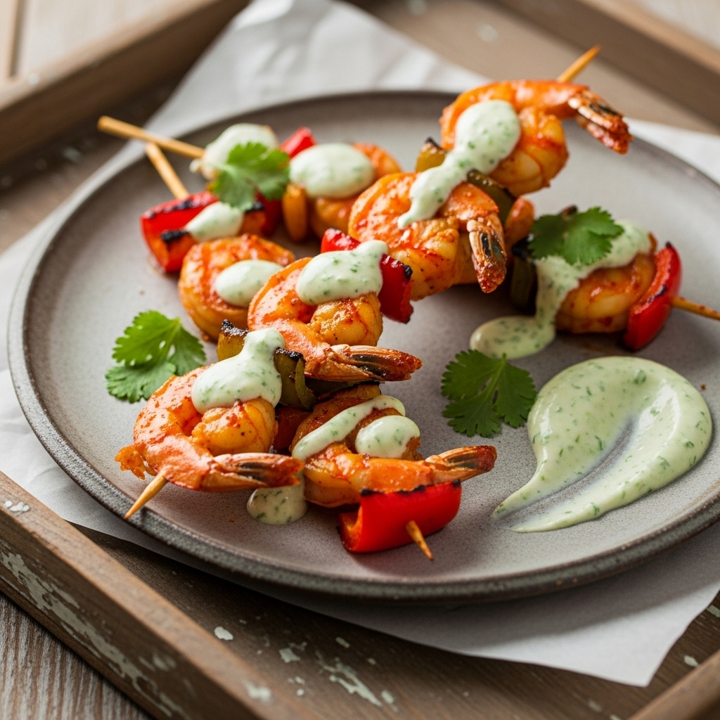 Firecracker Shrimp Skewers with Cilantro-Lime Aioli