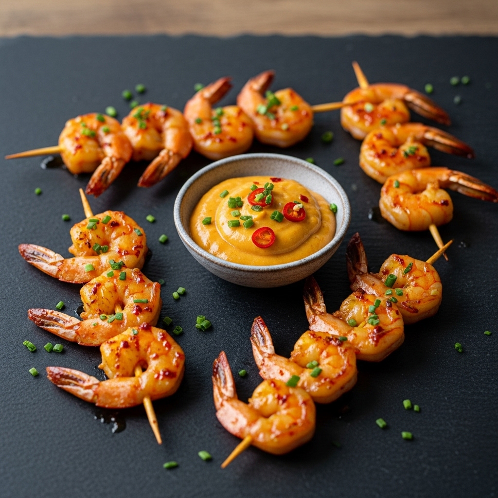 Firecracker Shrimp Skewers with Spicy Mango Dip