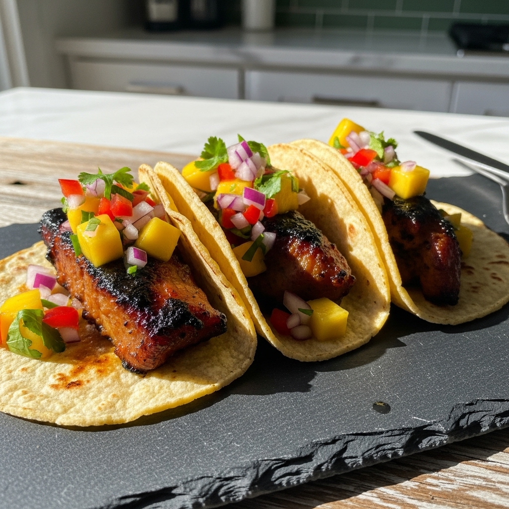Flame-Kissed Carnitas Tacos with Mango Salsa