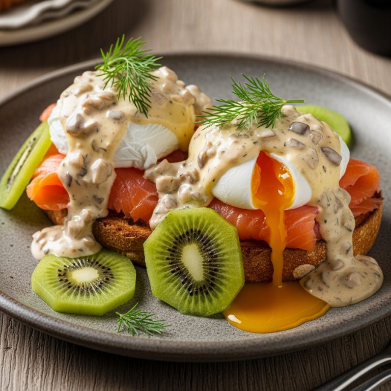 Flavorful New Zealand Brunch: Kiwi Smoked Salmon Eggs Benedict with Mushroom Hollandaise