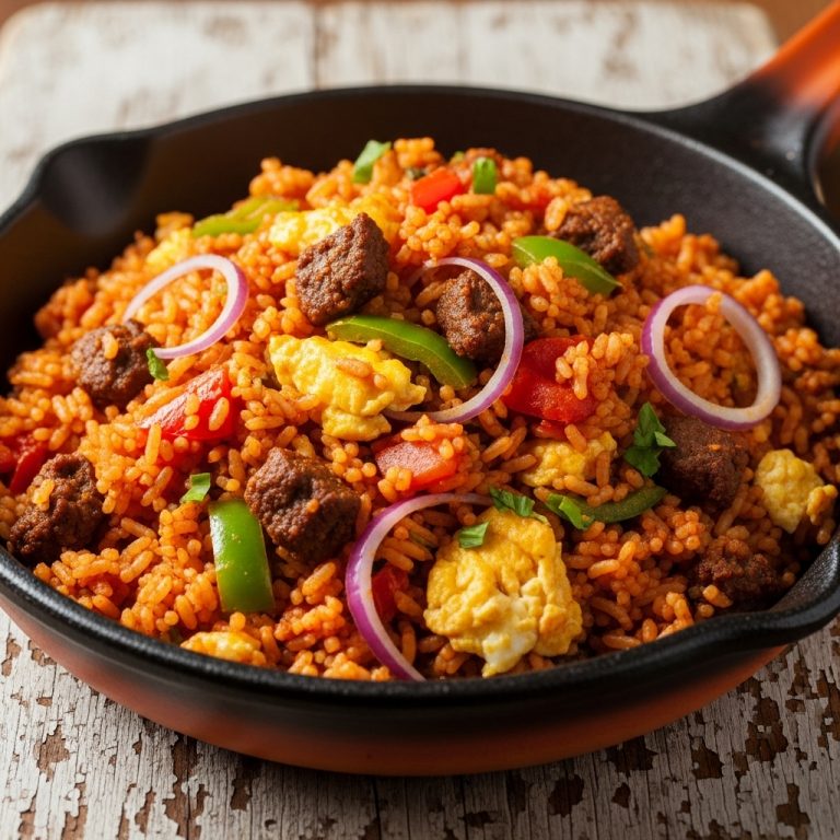 Flavorful Nigerian Gluten-Free Breakfast Skillet (Jollof Rice & Suya Scramble)