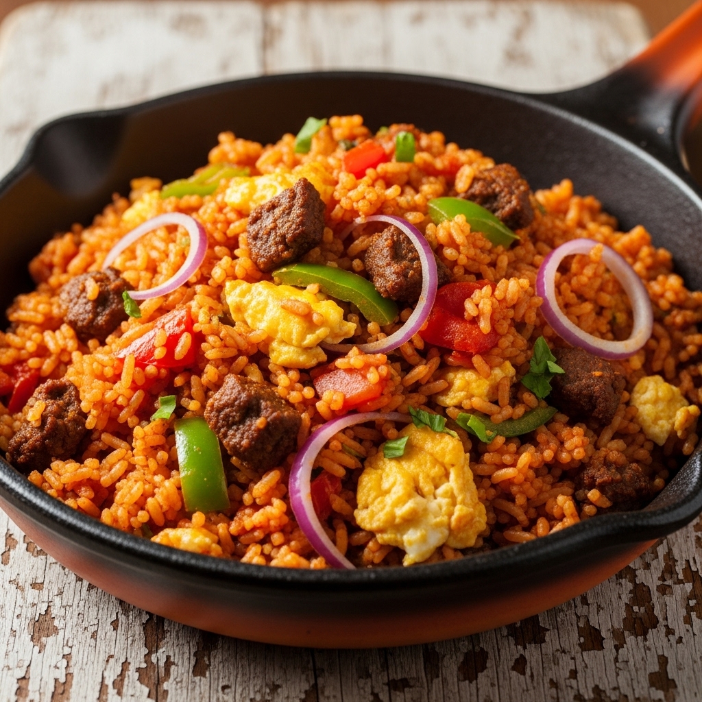 Flavorful Nigerian Gluten-Free Breakfast Skillet (Jollof Rice & Suya Scramble)