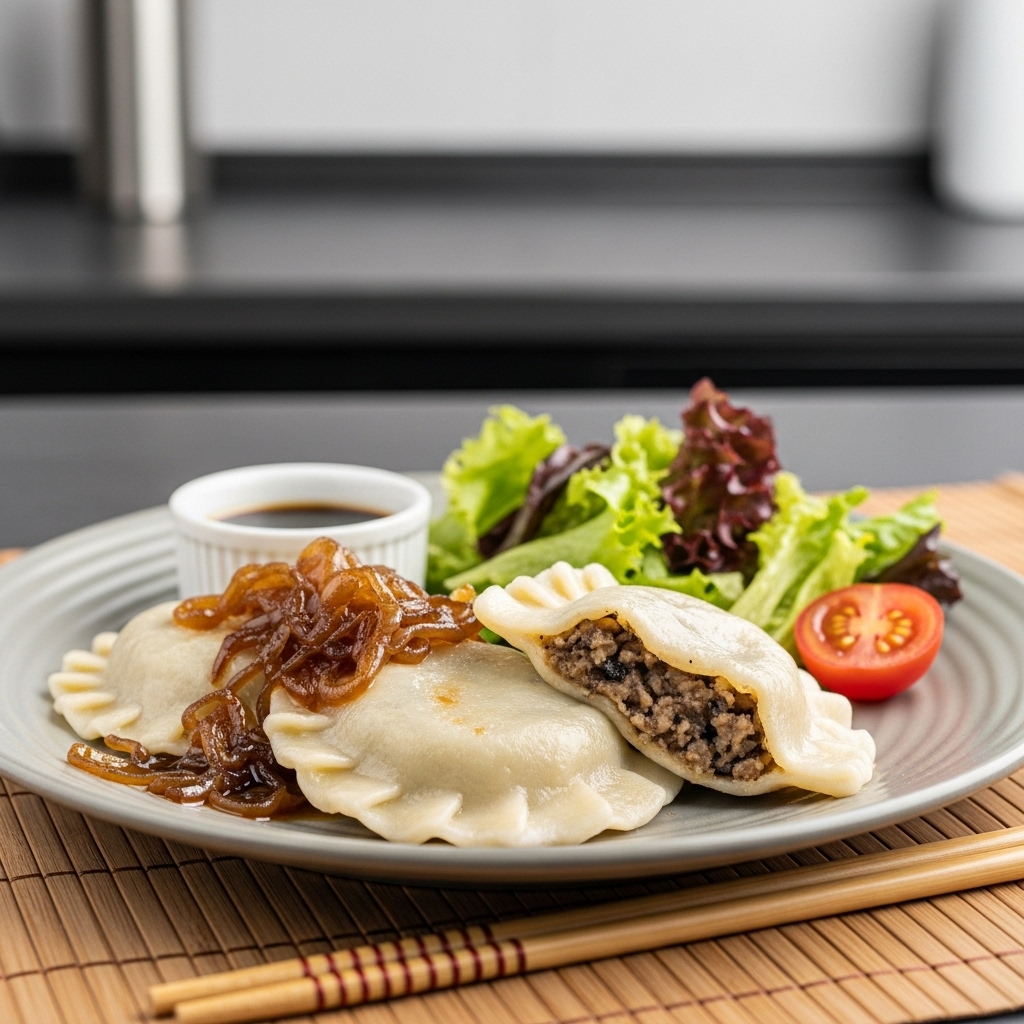 Flavorful Polish Vegetarian Lunch: Wild Mushroom Stuffed Pierogi with Caramelized Onion Gravy and Side Salad