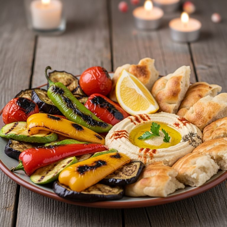 Flavorful Turkish Lunch Platter with Grilled Vegetables, Hummus, and Pide Bread