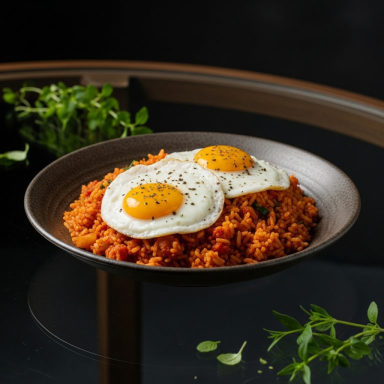 Fluffy Gluten-Free Nigerian Breakfast Jollof Rice Bowl with Fried Eggs and Spicy Tomato Stew