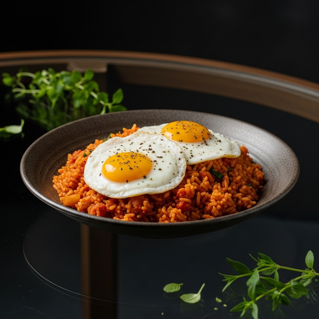 Fluffy Gluten-Free Nigerian Breakfast Jollof Rice Bowl with Fried Eggs and Spicy Tomato Stew