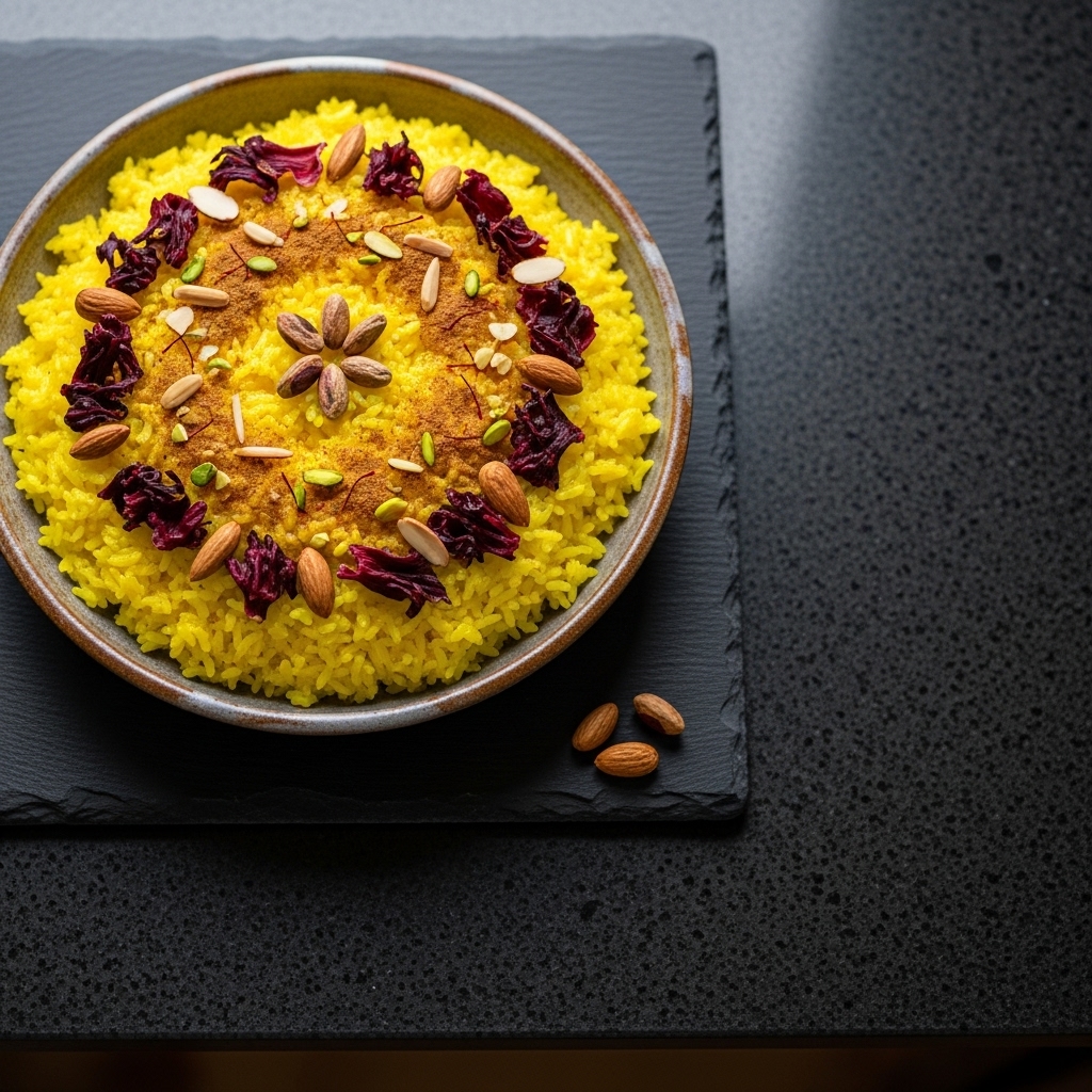 “Fluffy Persian Hibiscus Rice Pudding (Khoresht-e-Sholeh Zard): A Vegetarian Delight for All Senses”