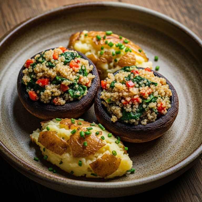 Fluffy Vegan French Brunch: Quinoa-Stuffed Portobello Mushrooms and Savory Smashed Potatoes
