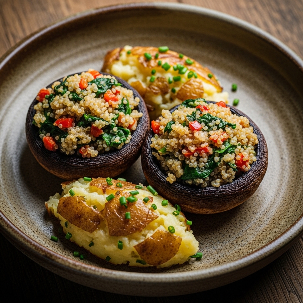 Fluffy Vegan French Brunch: Quinoa-Stuffed Portobello Mushrooms and Savory Smashed Potatoes