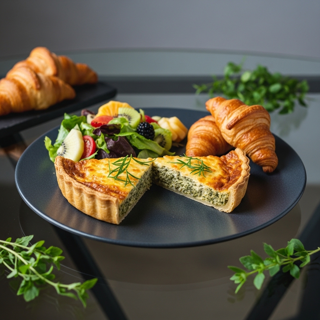 French Vegetarian Breakfast Delight: Aromatic Herb Quiche Lorraine with Fresh Fruit Salad & Croissants