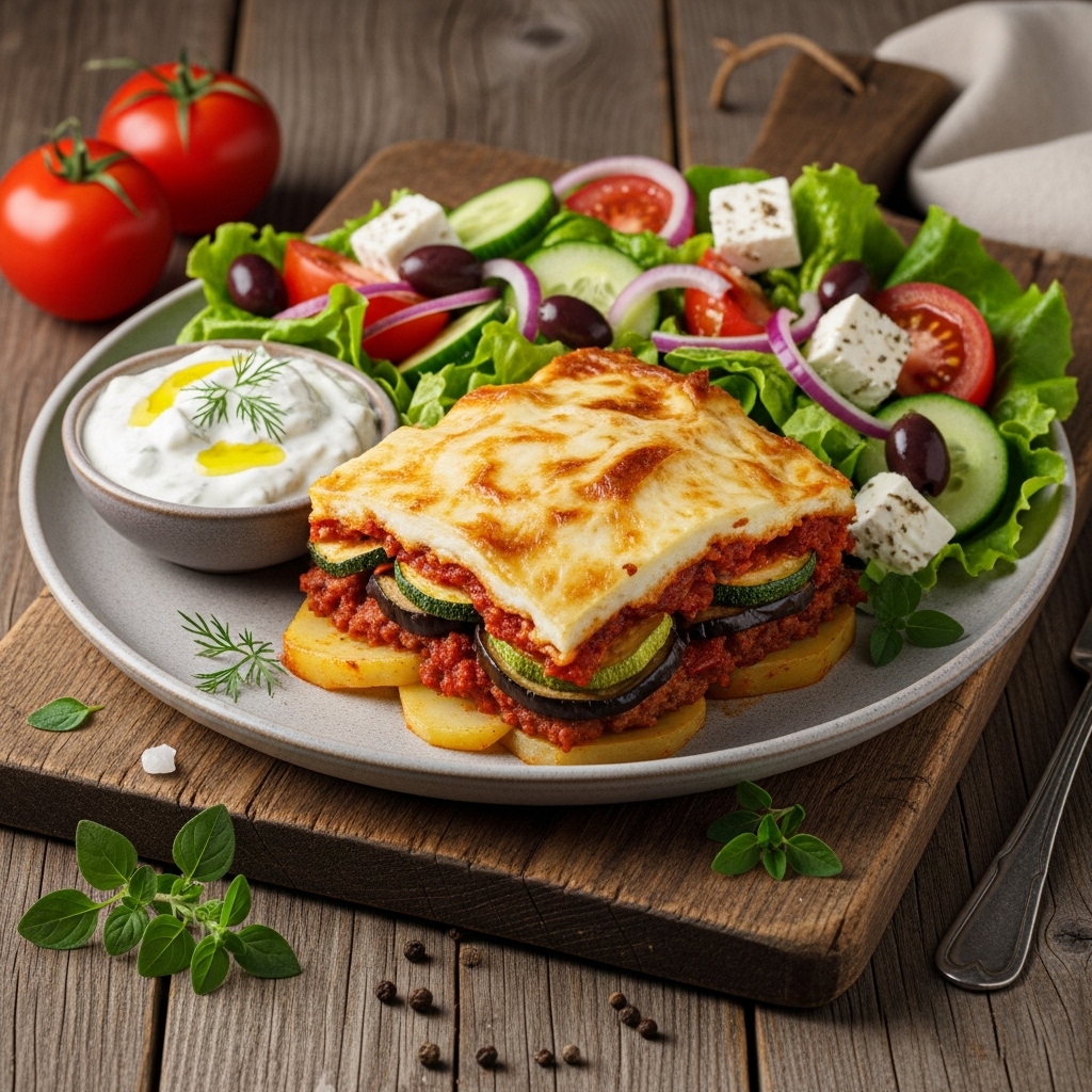 Garden-Fresh Greek Vegetarian Feast: Moussaka, Tzatziki, and Greek Salad