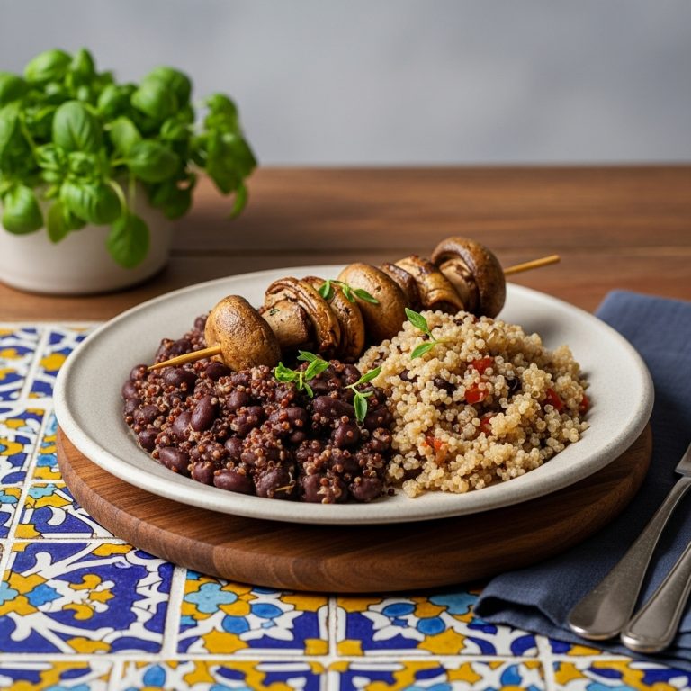 Garden-Fresh Portuguese Vegan Quinoa Feijoada with Mushroom Espetada – A Sensational Plant-Based Twist on a Classic!