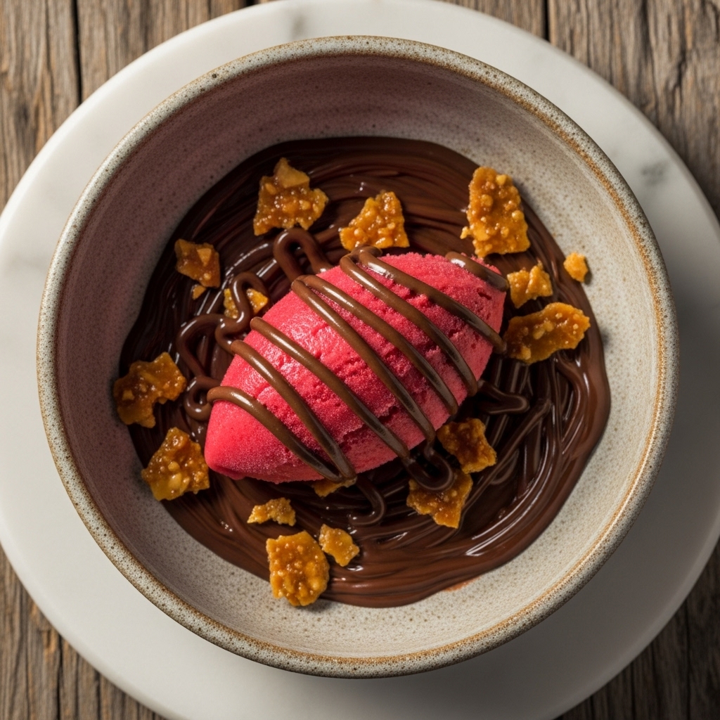Garden-Fresh Raspberry Sorbet with Chocolate Sauce and Almond Brittle